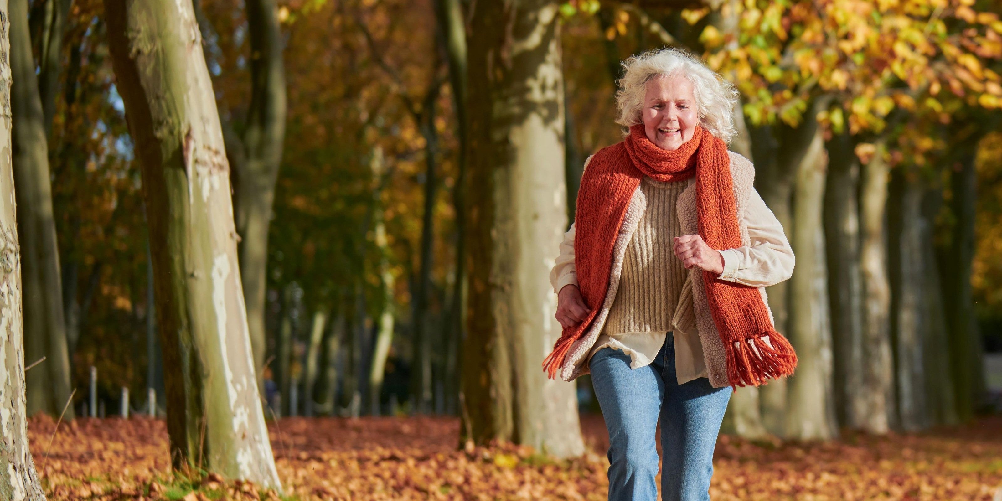 Ältere Frau macht einen Waldspaziergang mit ihrem Hund
