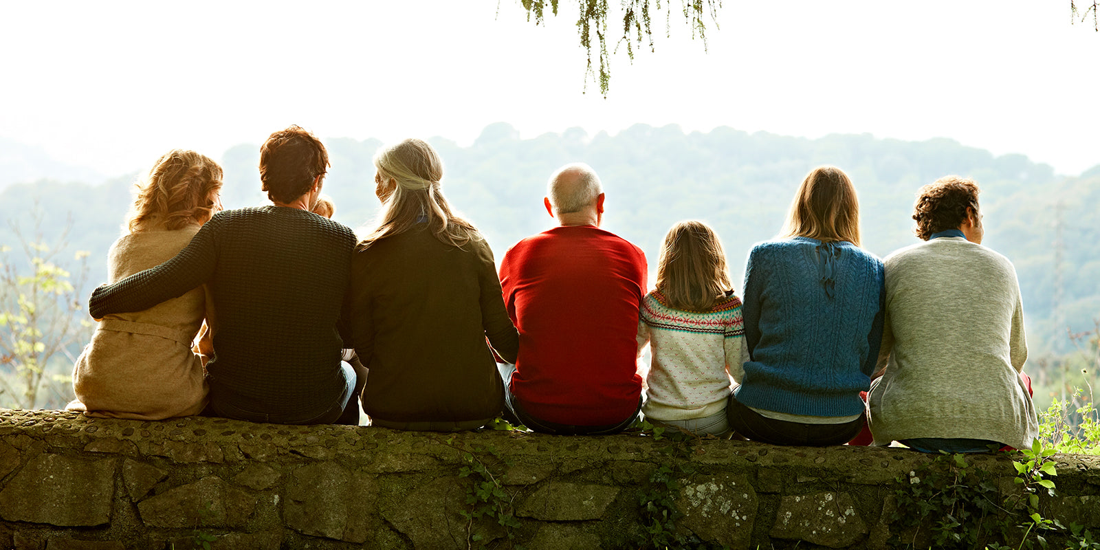 Große Familie sitzt zusammen auf einem Baumstamm