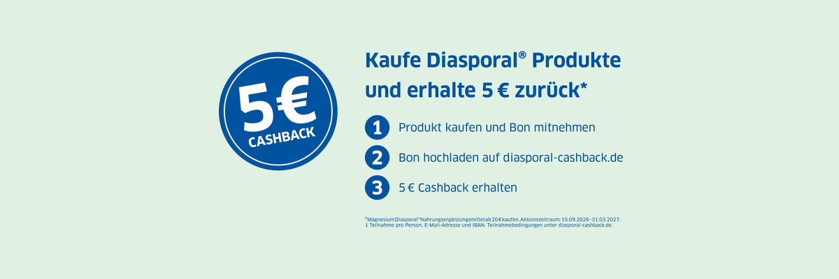 Diasporal Cashback-Aktion: 5 Euro zurück beim Kauf von Diasporal-Produkten ab 20 Euro. Bon online hochladen.